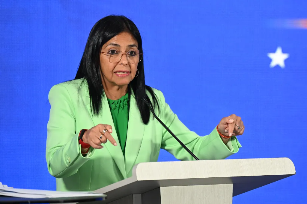 Venezuela's Delcy Rodriguez speaks during a press conference in Caracas on Monday, September 8, 2025. 