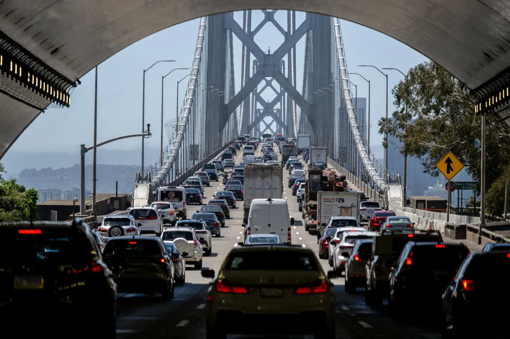 Traffic on Interstate 80 crosses the Oakland-San Francisco Bay Bridge.