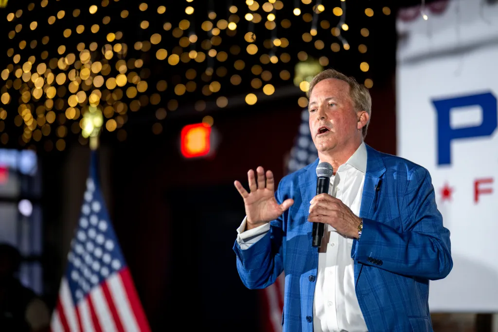 Texas Attorney General Ken Paxton speaks during a campaign event.