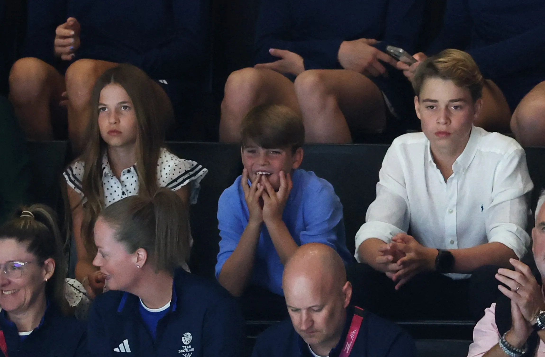 Princess Charlotte, Prince George, and Prince Louis in the stands during the Netball Semi-Final match between Australia and Jamaica at the Commonwealth Games 2026.