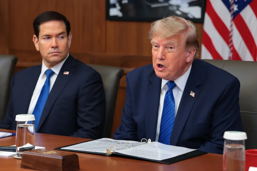 President Donald Trump speaking during a Cabinet meeting with Secretary of State Marco Rubio at Camp David.