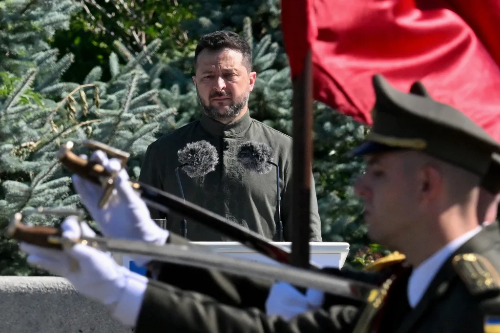 Ukrainian President Volodymyr Zelensky attends a guard of honor parade in Kyiv, on Aug. 23, 2026.
