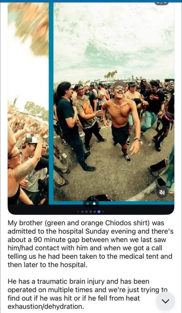 A man smiling, shirtless with sunglasses on his face, in a crowd at an outdoor music festival.