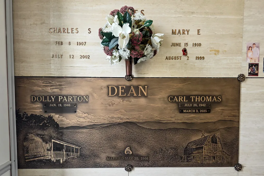Grave marker for Dolly Parton Dean and Carl Thomas Dean at Woodlawn Roesch-Patton Funeral Home.