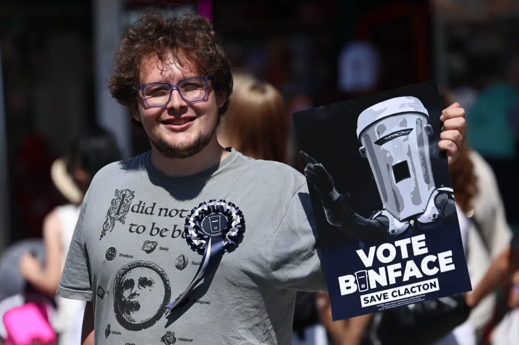 A supporter of Count Binface in Clacton-on-Sea, Britain, on Saturday, Aug.8, 2026.