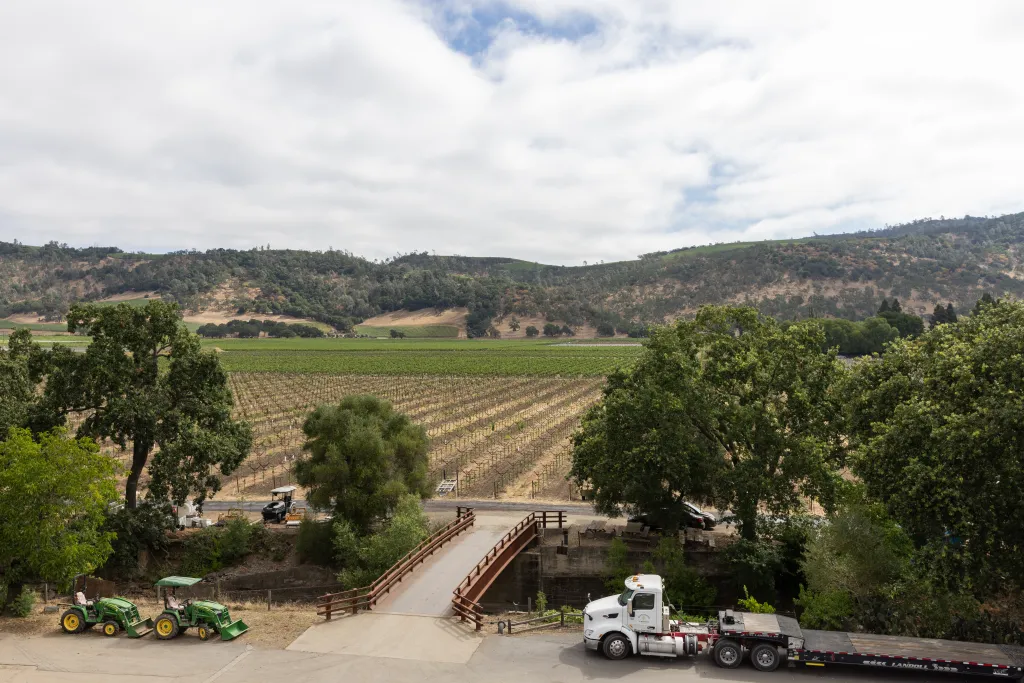 Beckstoffer Vineyards in Napa Valley, California, with hills in the background.