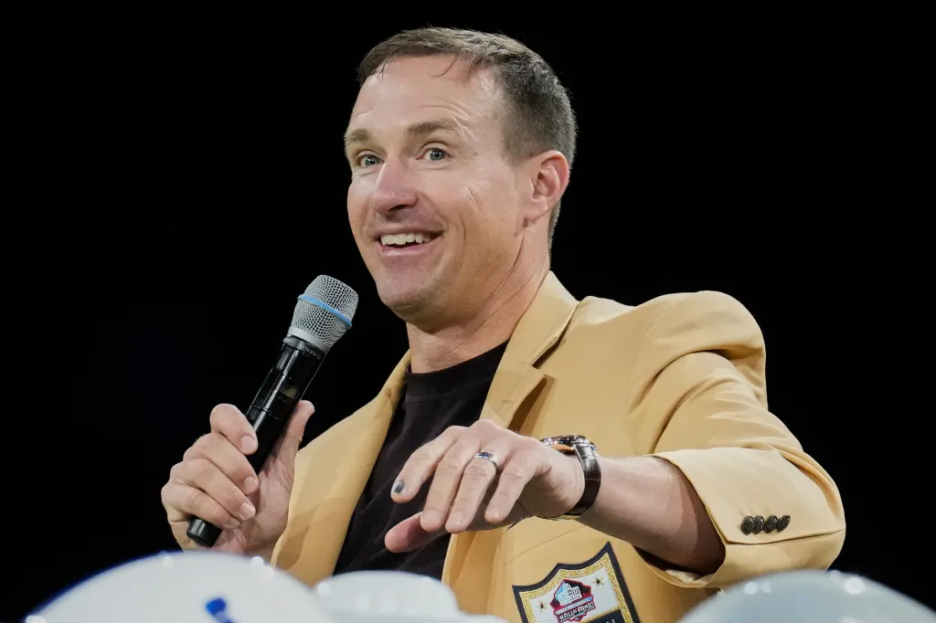 Drew Brees speaking during an event in Canton, Ohio.
