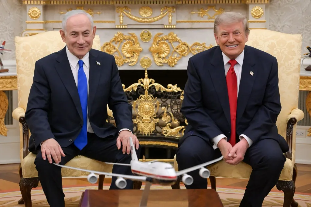 Benjamin Netanyahu and Donald Trump seated with a model airplane between them.