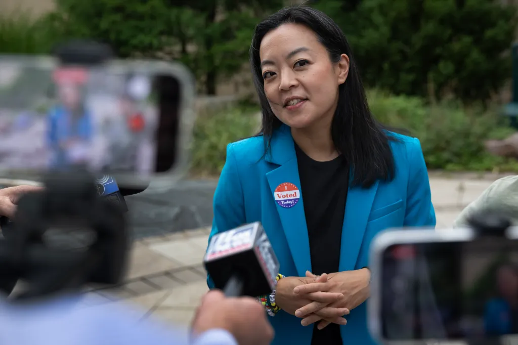 Democratic Wisconsin Gubernatorial candidate Francesca Hong speaks to reporters after voting in the primary election.