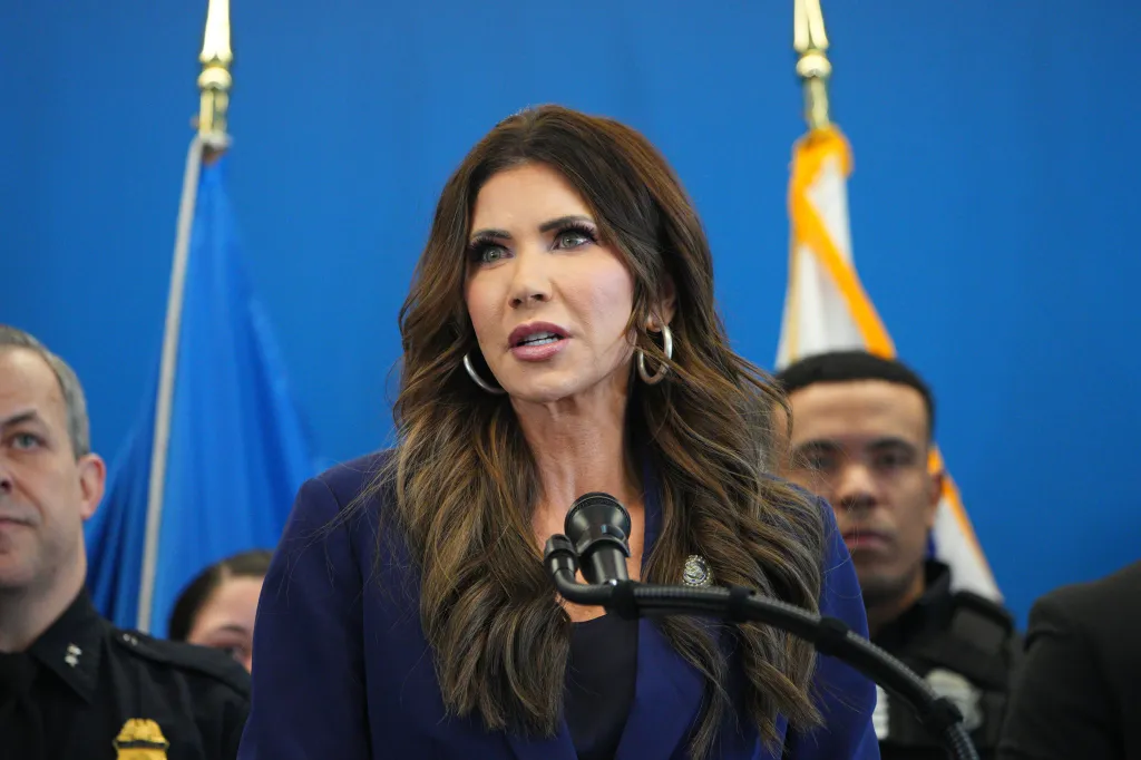 Former United States Secretary of Homeland Security Kristi Noem speaks during a press conference on Thursday, Jan. 8, 2026, in New York