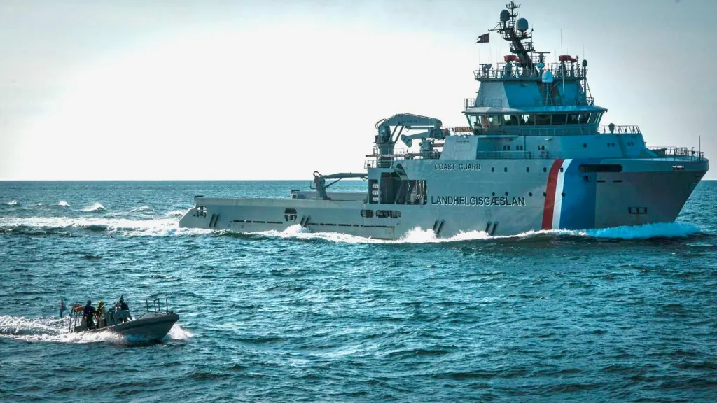 An Icelandic Coast Guard ship off the side of the Bandero vessel owned by Captain Paul Watson Foundation on July 30, 2026.