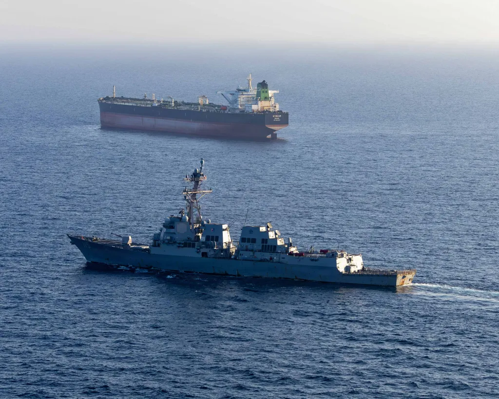 The USS Rafael Peralta (DDG 115) enforcing a maritime blockade against an Iranian-flagged ship.