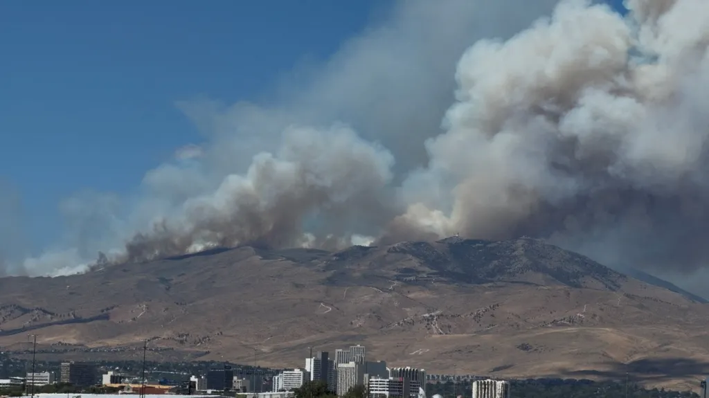 Smoke from the Hawk Fire rises over Washoe County, Nevada on Aug. 22, 2026.