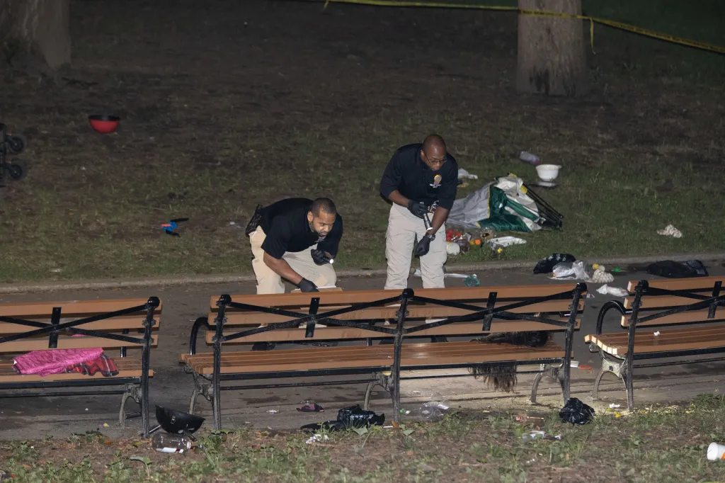Crime scene police officers are seen at the scene of a fatal stabbing in Lincoln Terrace/ Arthur S Somers Park on Rochester Ave. and Eastern Parkway in Brooklyn on Tuesday, August 18, 2026. A 30-year-old female victim was stabbed multiple times and taken to Brookdale Hospital, and no arrests have been made.