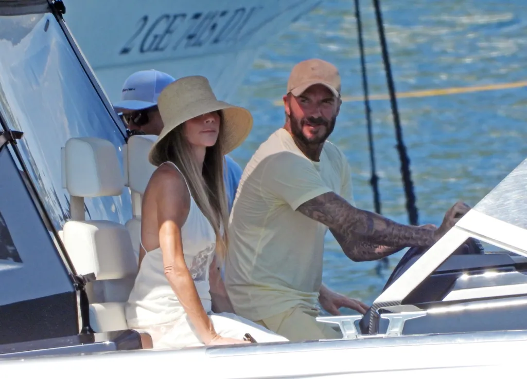 David and Victoria Beckham on a luxury yacht in Portofino, Italy.