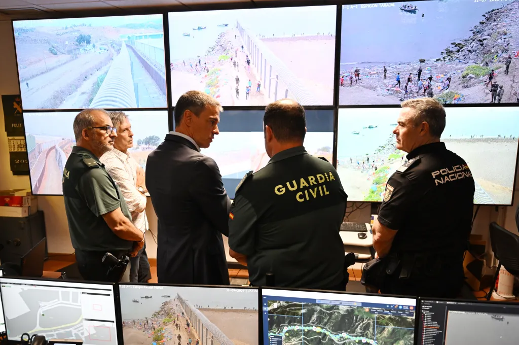 Spanish Prime Minister Pedro Sanchez reviews security footage with the Civil Guard in Ceuta, Spain, on July 31, 2026.