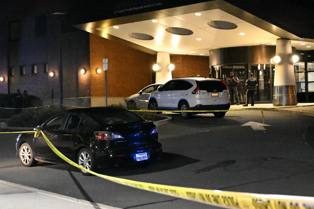 Trenton Police officers work the scene at Capital Health Regional Medical Center on August 30, 2026, in Trenton, New Jersey.