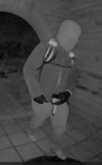 Surveillance image of a person in a ski mask and reflective jacket.