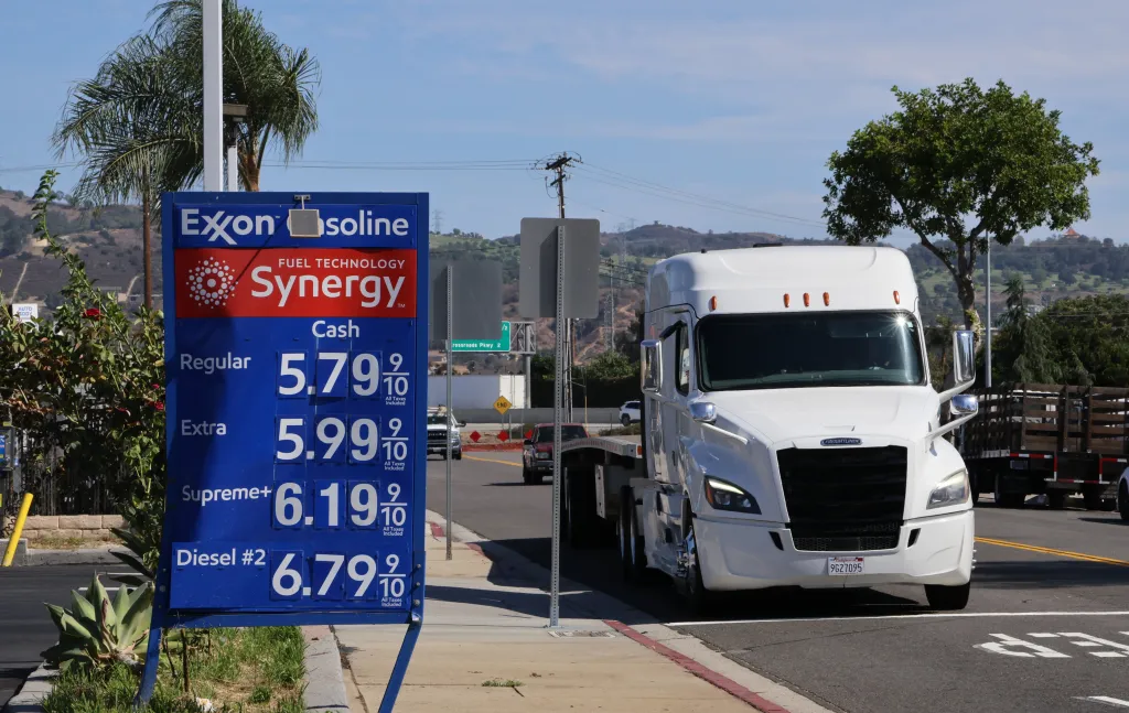 Gasoline and diesel prices displayed at an Exxon gas station in El Monte, Los Angeles County, California.