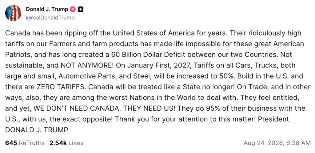 A Truth Social post by Donald Trump discussing tariffs with Canada.
