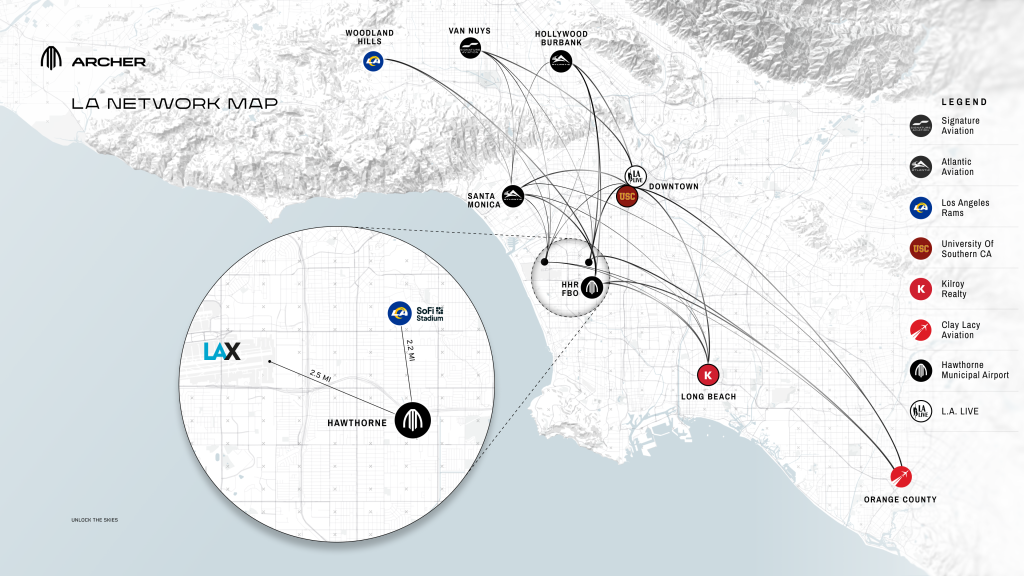 Illustration of Archer Aviation's LA air taxi network, showing potential routes between locations in Los Angeles for the 2028 Olympic Games.