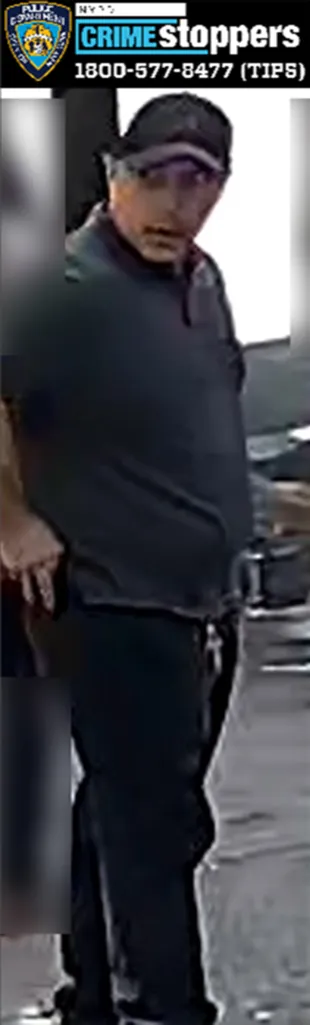 Crime Stoppers image of a man in a black polo shirt, black pants, and a black baseball cap.