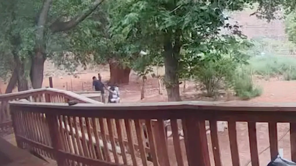 Two people struggling during an attack in a desert landscape with trees.