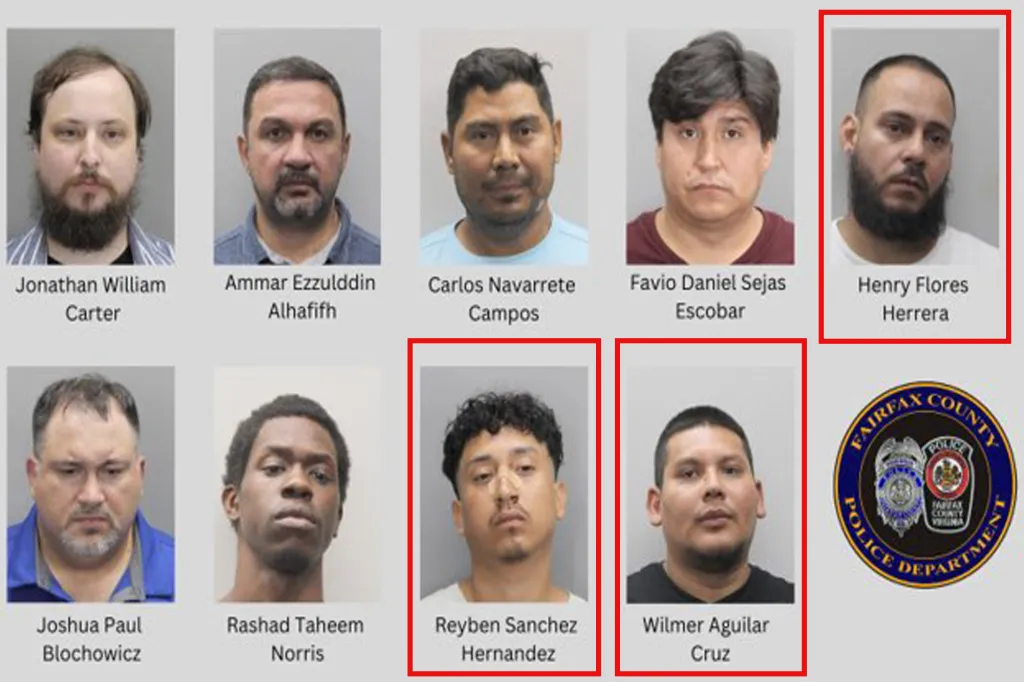 Wilmer Alexander Aguilar Cruz, Reyban Leono Sanchez Hernandez and Henry Adalberto Flores Herrera are among nine men arrested in a child sex sting operation in Fairfax County, Virginia.