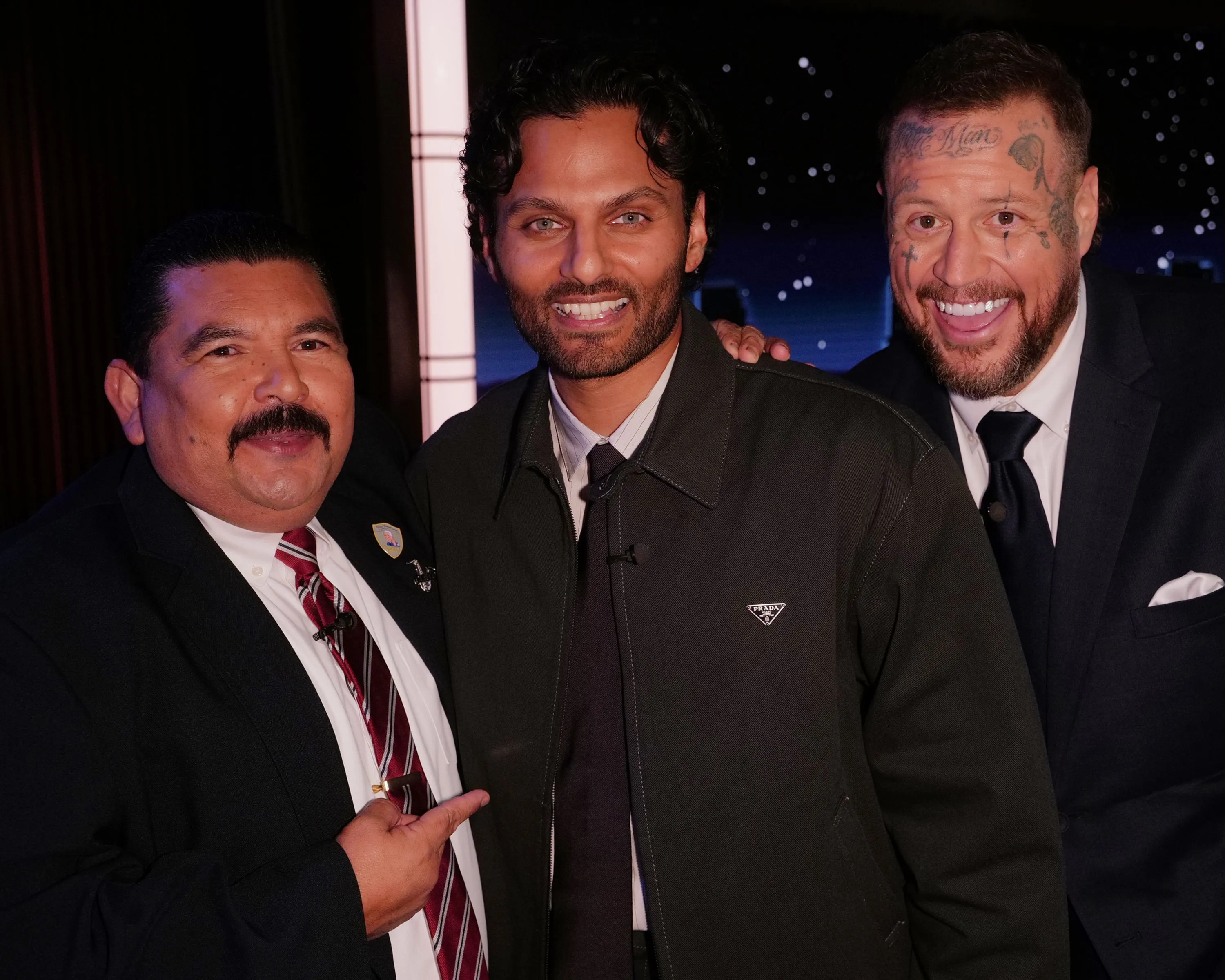 Guillermo Rodriguez, Jay Shetty, and Jelly Roll posing together, smiling at the camera.