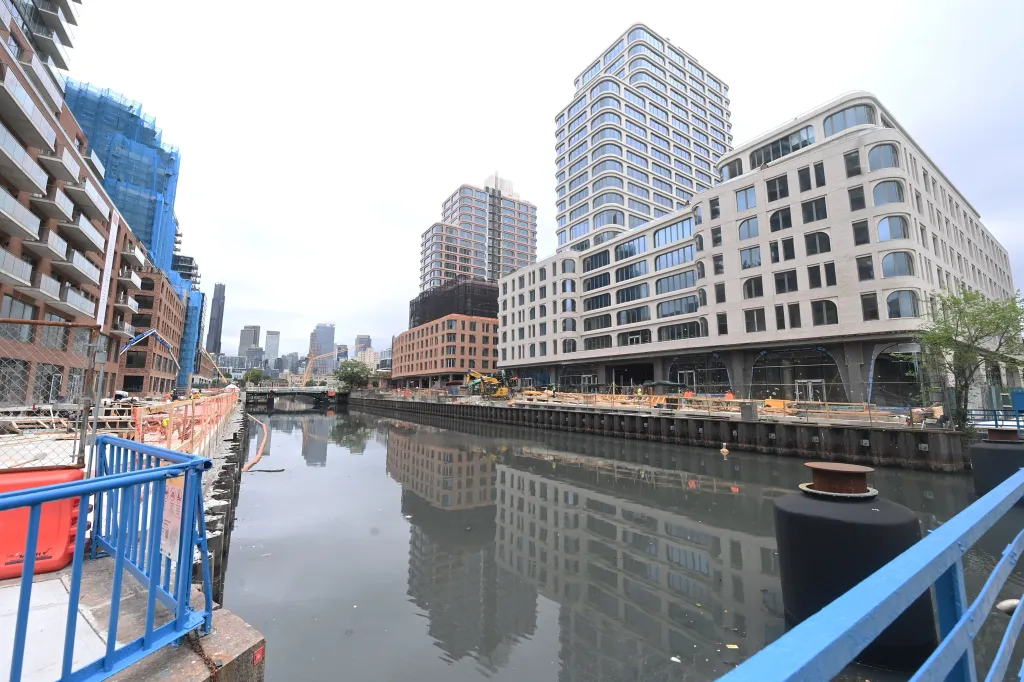 A photo of the Gowanus Canal surrounded by buildings. 