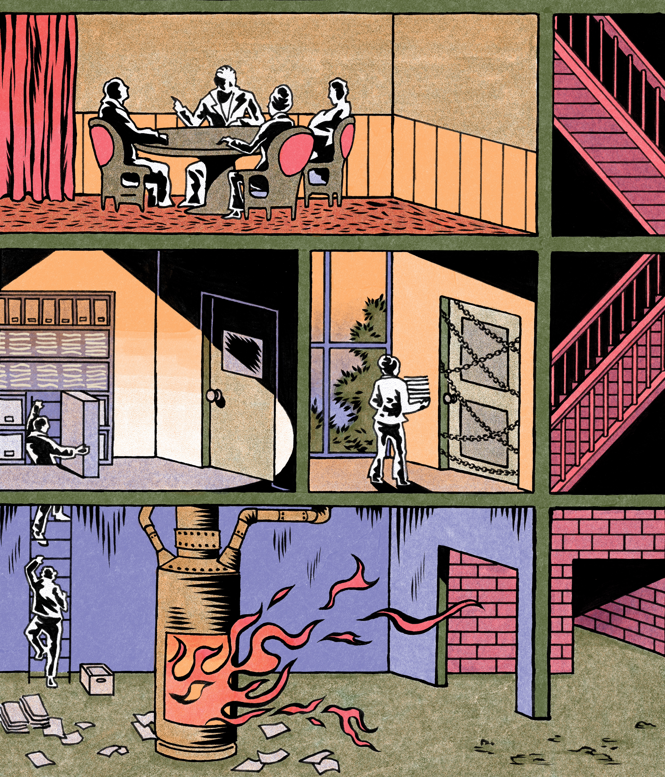 a multi-level illustration: on the lowest level, a boiler room with figures climbing up a ladder; on the second level, the figures attempt to climb up a set of stairs but find a locked door; on the third, a faculty lounge, with well-dressed figures sitting around a table in discussion.