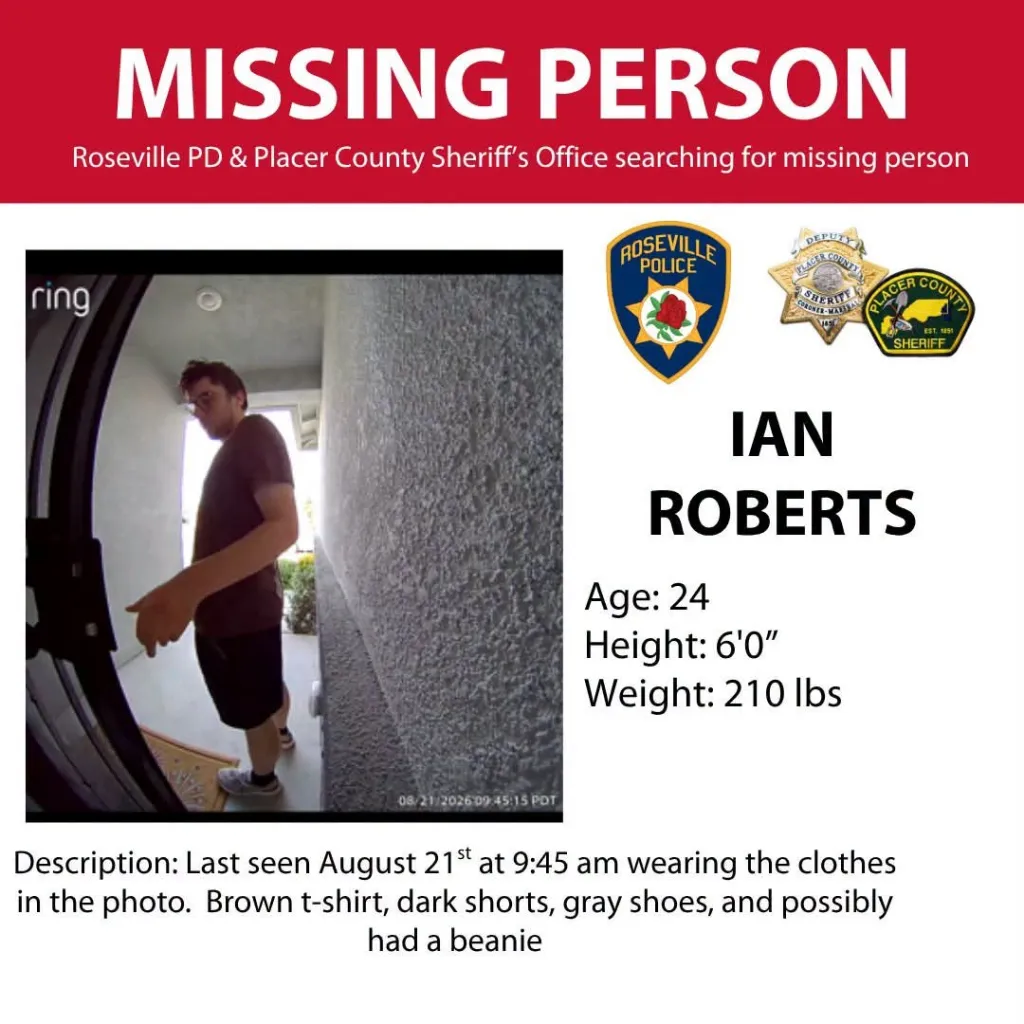 Missing Person poster for Ian Roberts, 24, with a surveillance image of him, his name, age, height, weight, and last seen description.