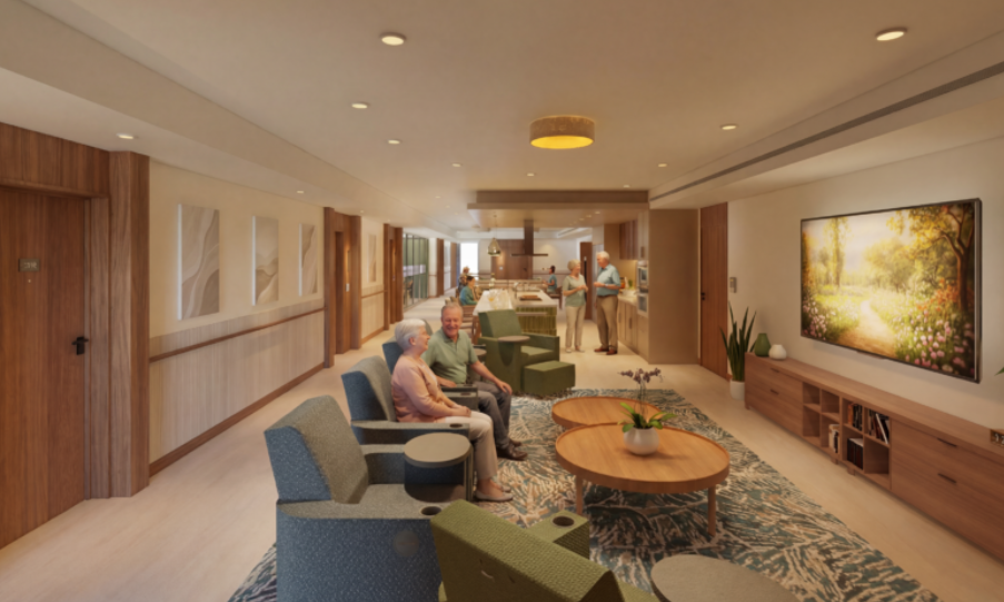 Illustration of a living room and kitchen area with seniors interacting in a modern senior living facility.