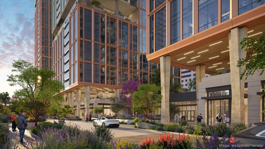 Illustration of the Viva L.A. senior living development with two high-rise buildings and a landscaped entryway.