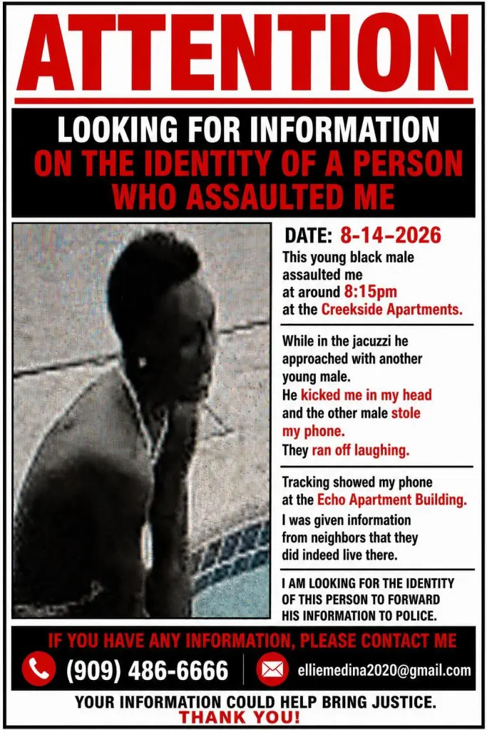 Flyer seeking information about an assault, showing a blurry image of the alleged assailant and detailing the incident.
