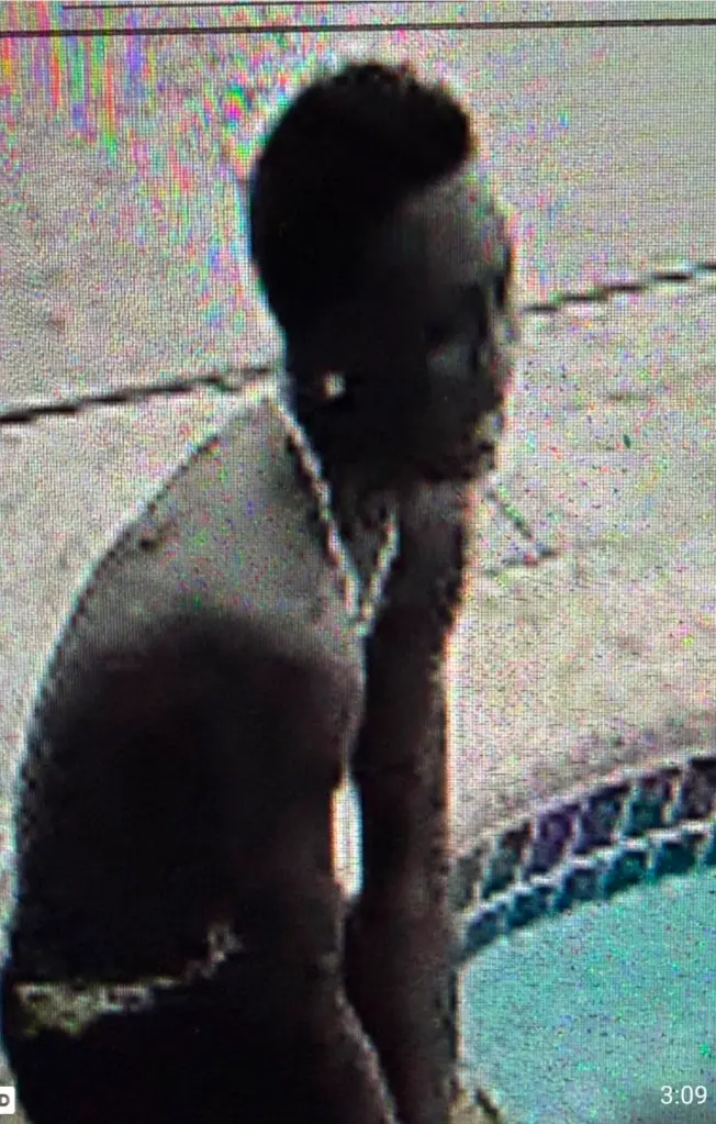 Surveillance image showing a person with dark skin and hair, wearing a necklace and earring, sitting next to a pool.