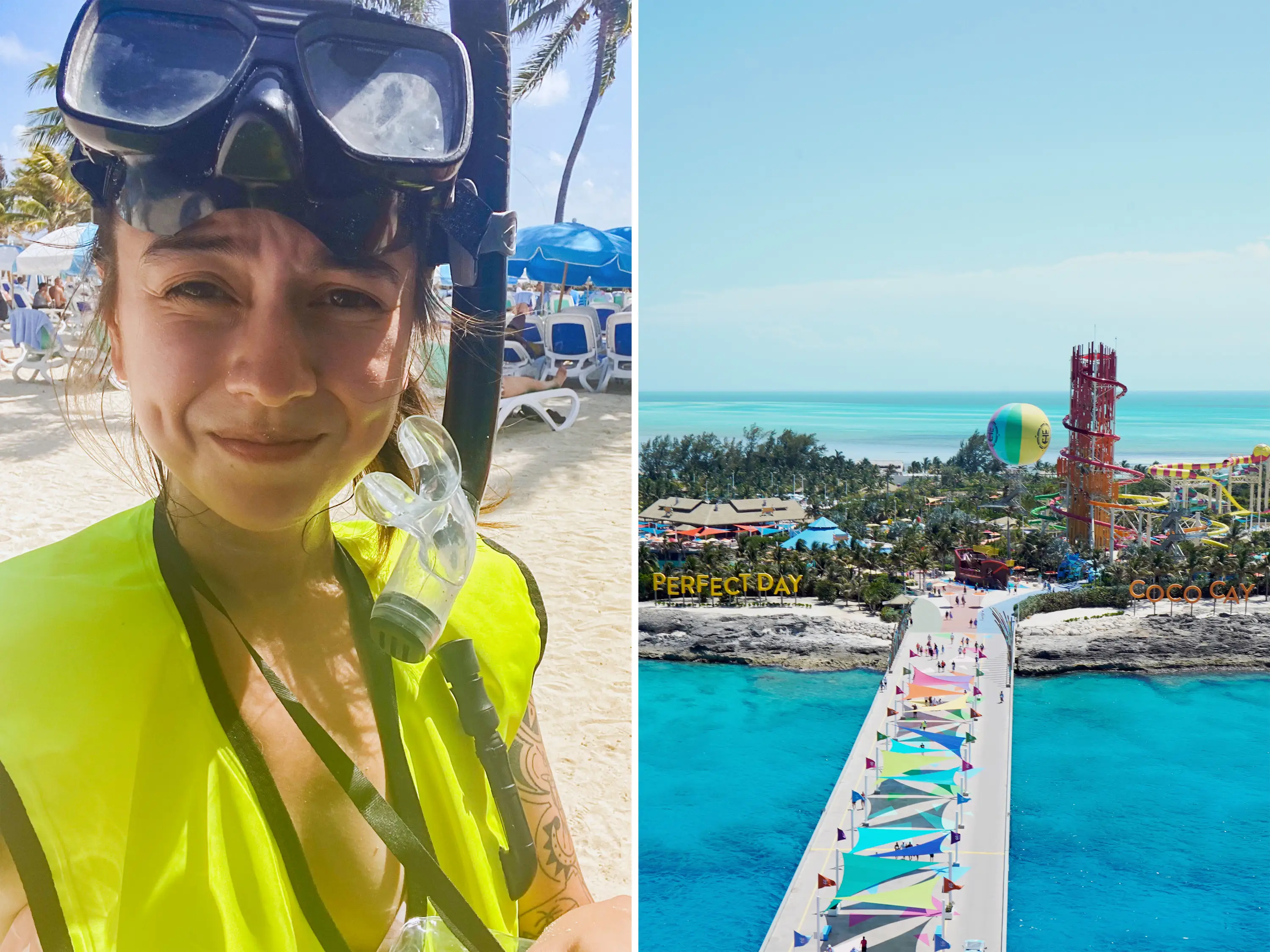 A composite image of the author in her snorkeling gear and a view of CocoCay from above