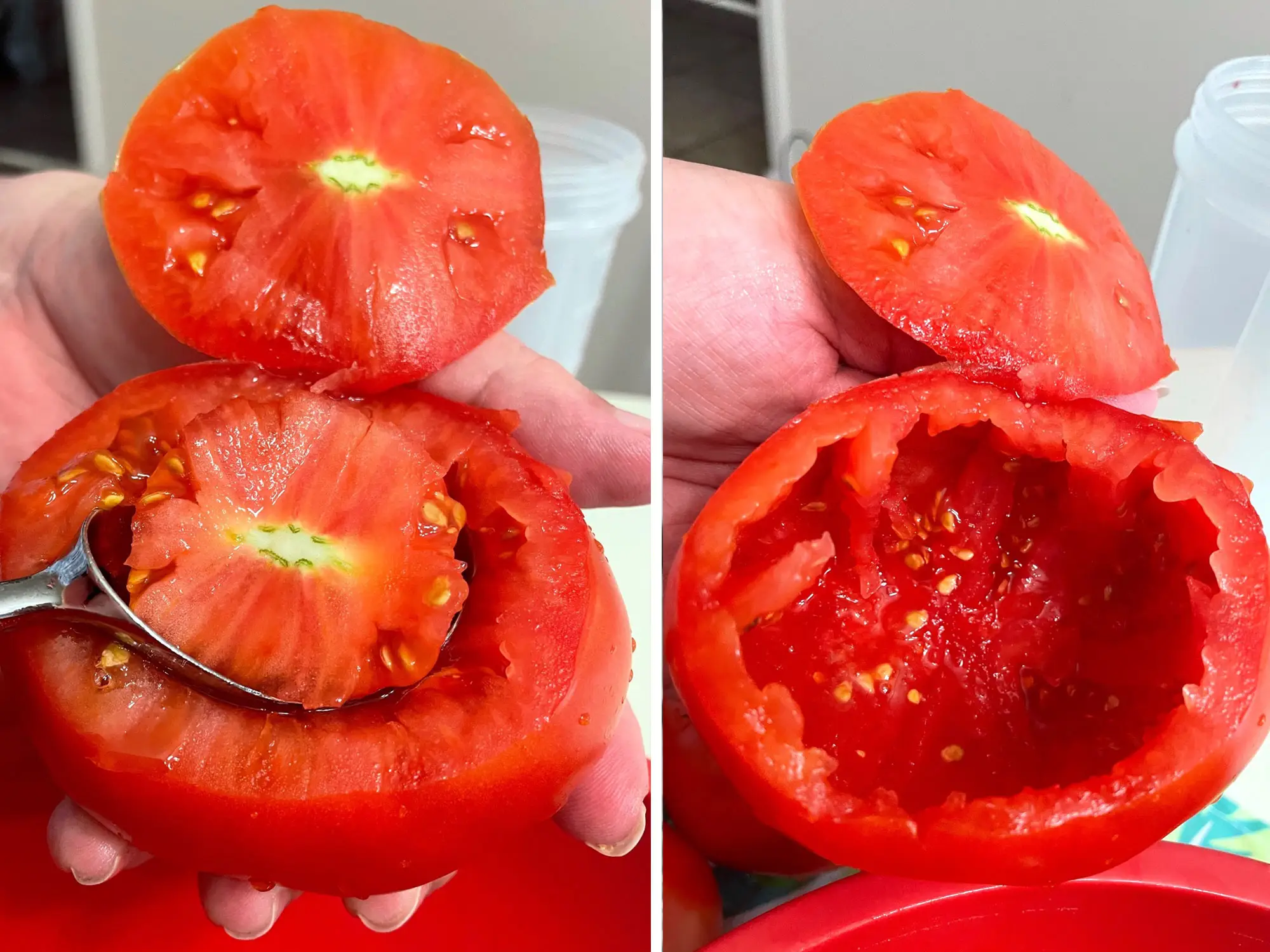 Scooping out tomato filling for Greek dad's yemista