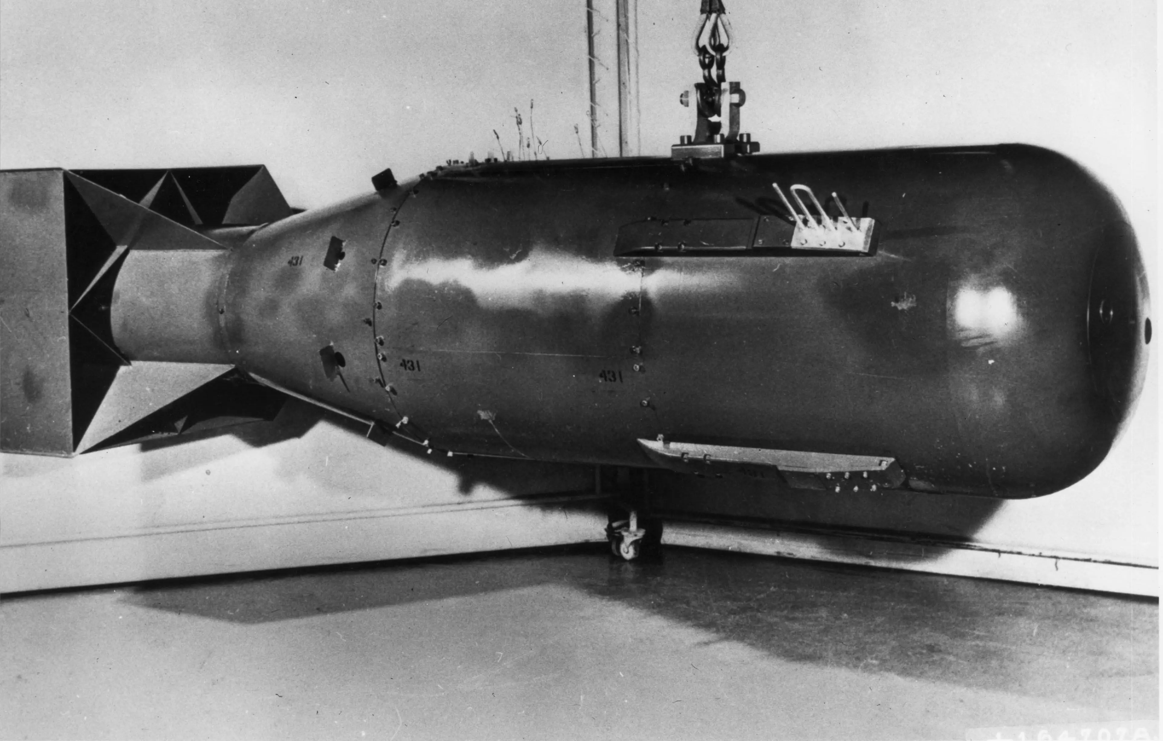 A postwar replica of the 'Little Boy' nuclear weapon, which was dropped on Hiroshima, Japan, in August 1945. Photo circa 1946.