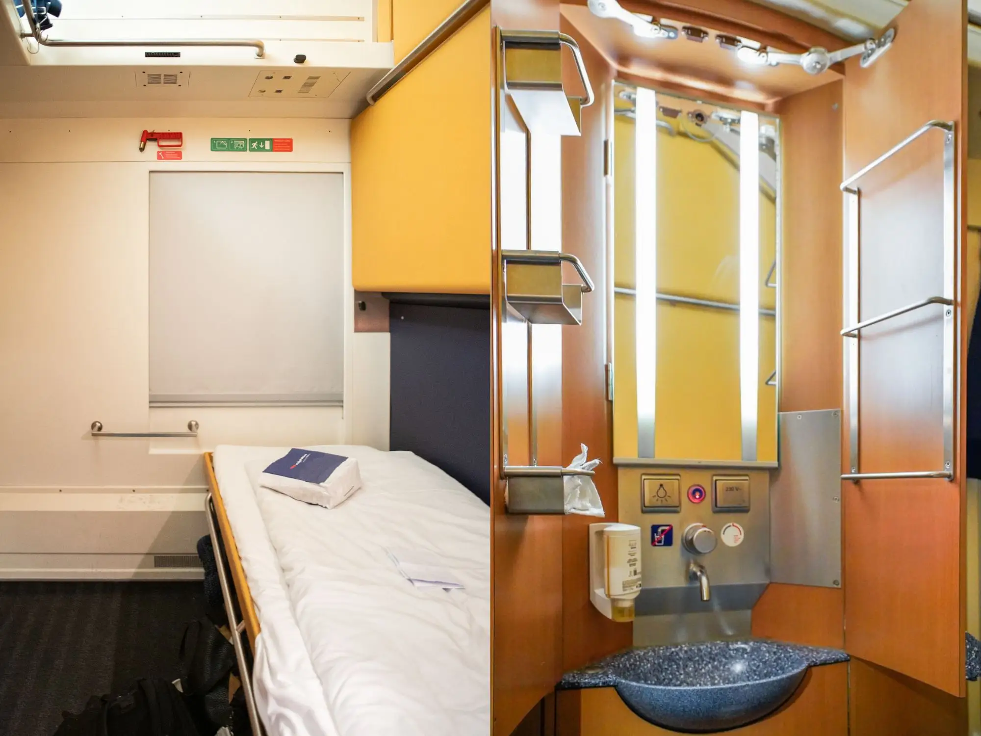 Inside a private cabin on a Nightjet train.