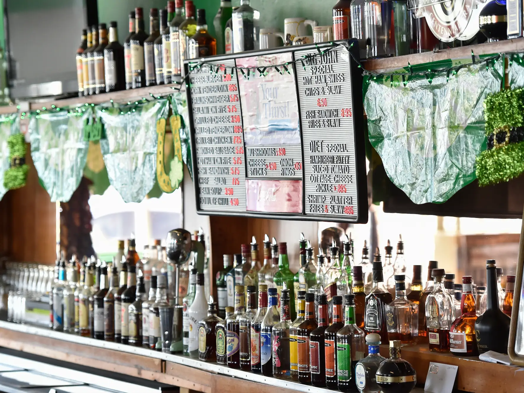 dive bar decorated for st. patricks day