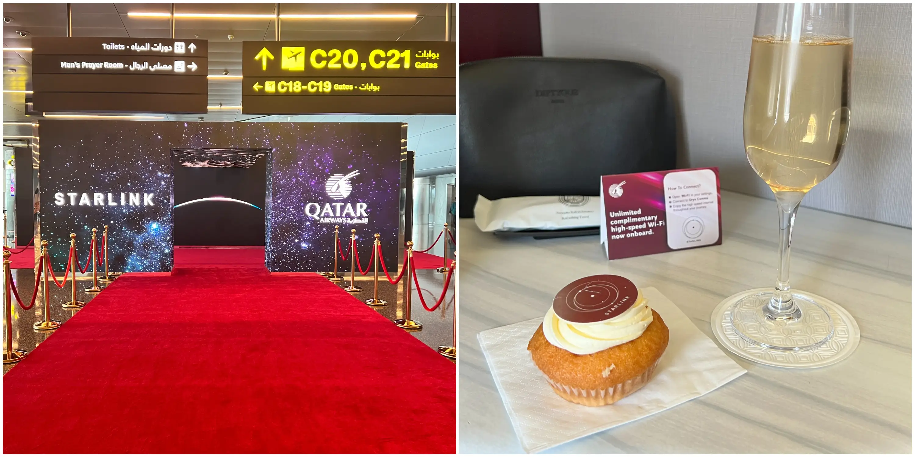 A collage of a Starlink and Qatar Airways promotional LED Archway at Hamad International Airport, and a champagne, Starlink cupcake, and card on the QSuite shelf.