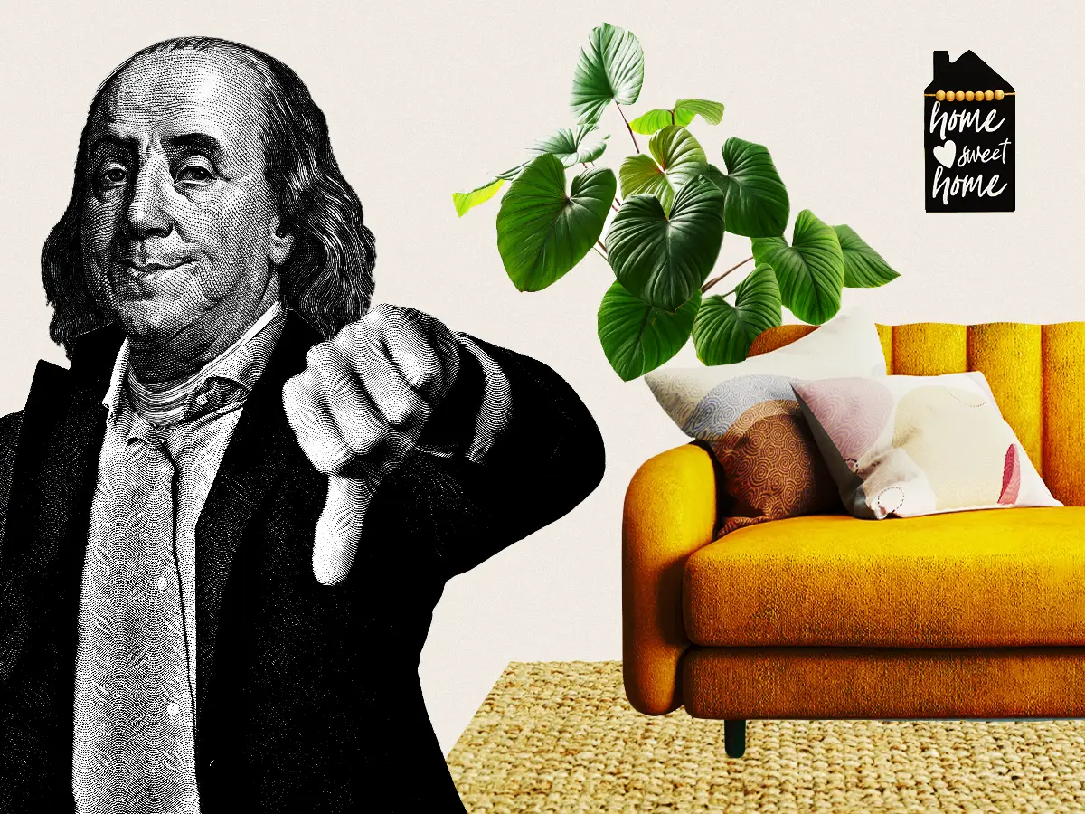 A photo illustration of Benjamin Franklin doing a thumbs-down and a yellow couch with a big plant next to it.