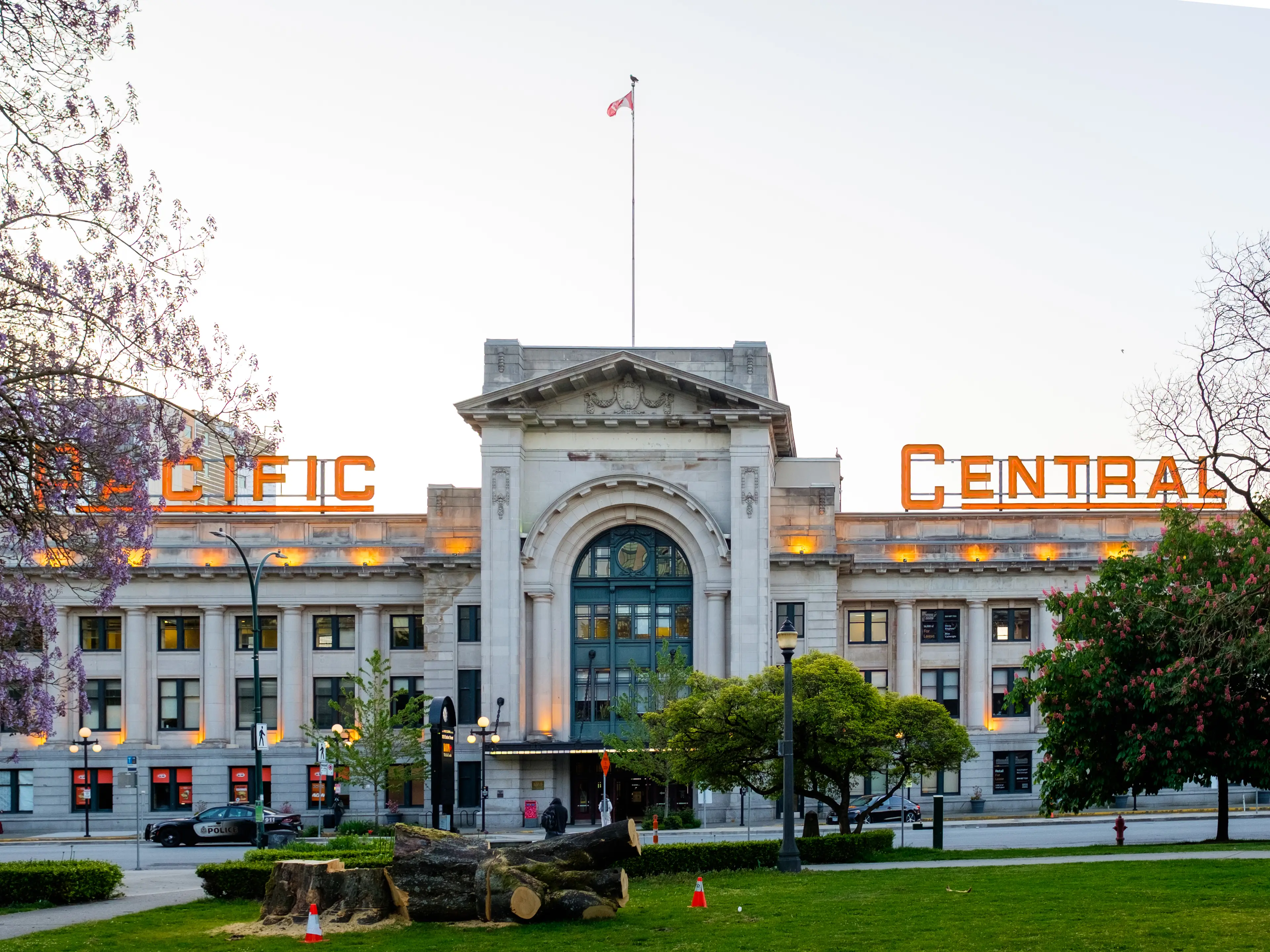 Pacific Central Station in seen behind a park
