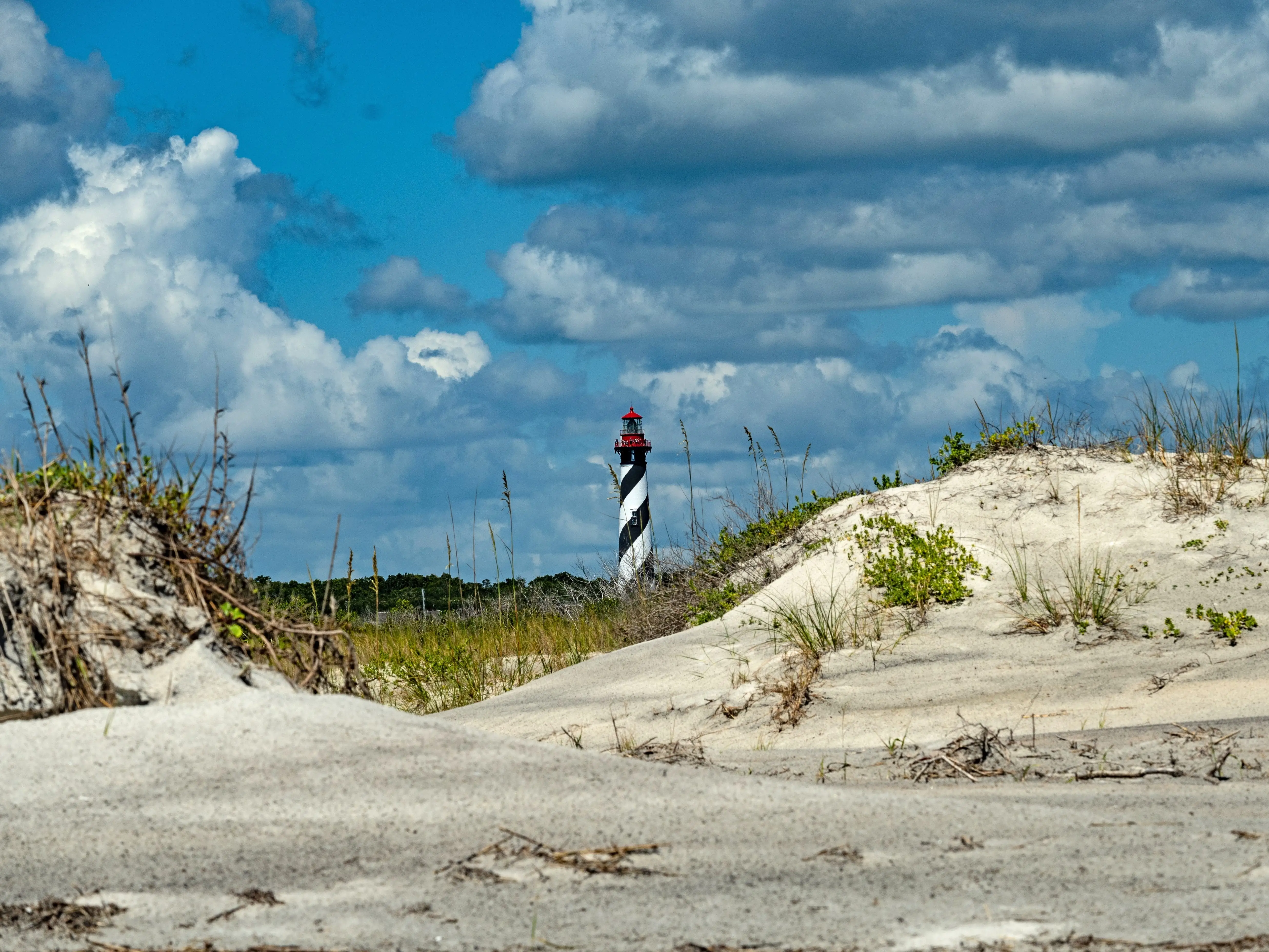 Sand dunes at Anastasia State Park with a lighthouse visible in the distance.