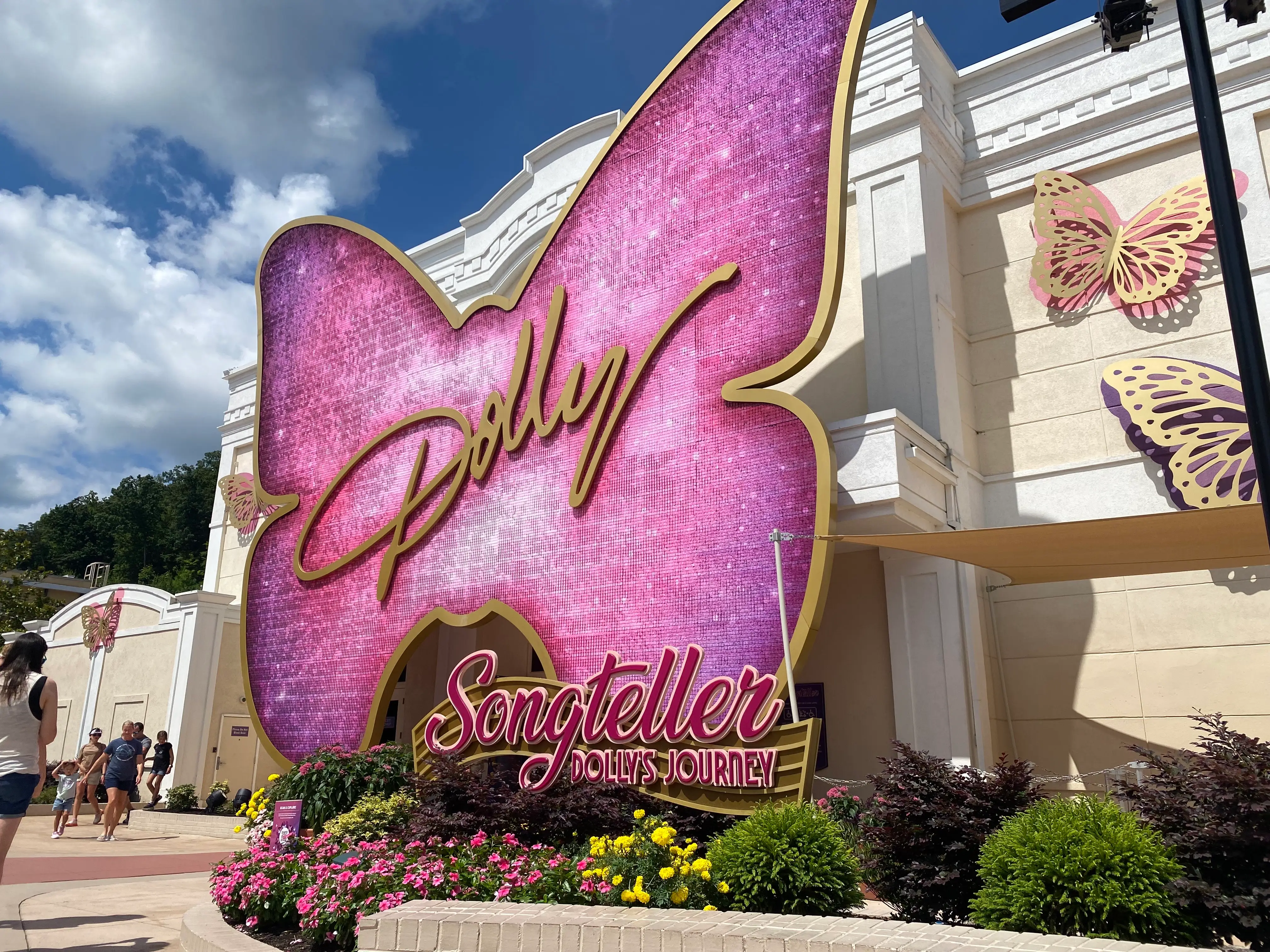 a large ink butterfly outside a ride at Dollywood