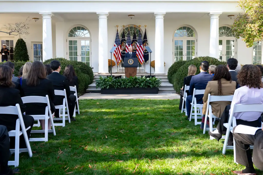 Joe Biden in the White House Rose Garden.