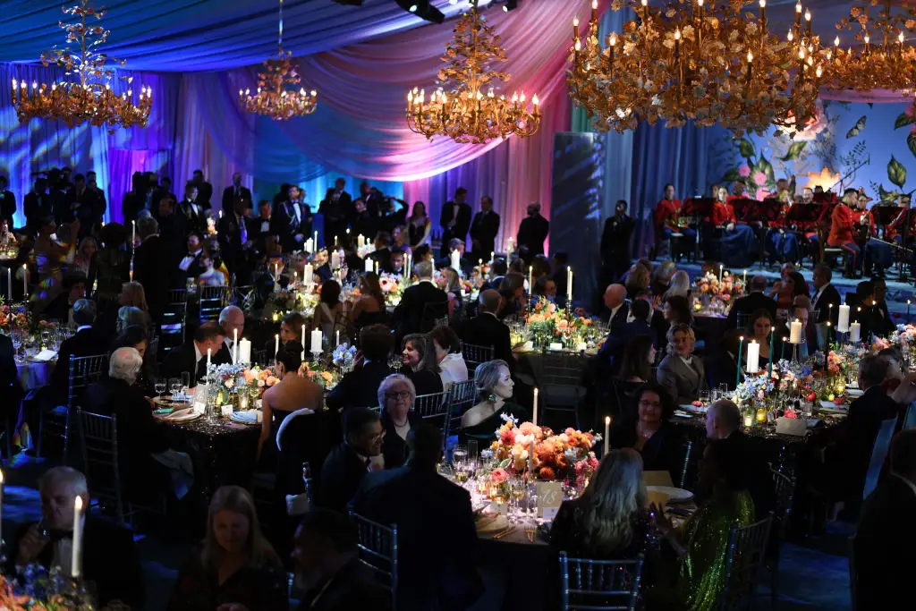 Joe Biden hosts a state dinner in a tent on the grounds of the White House.