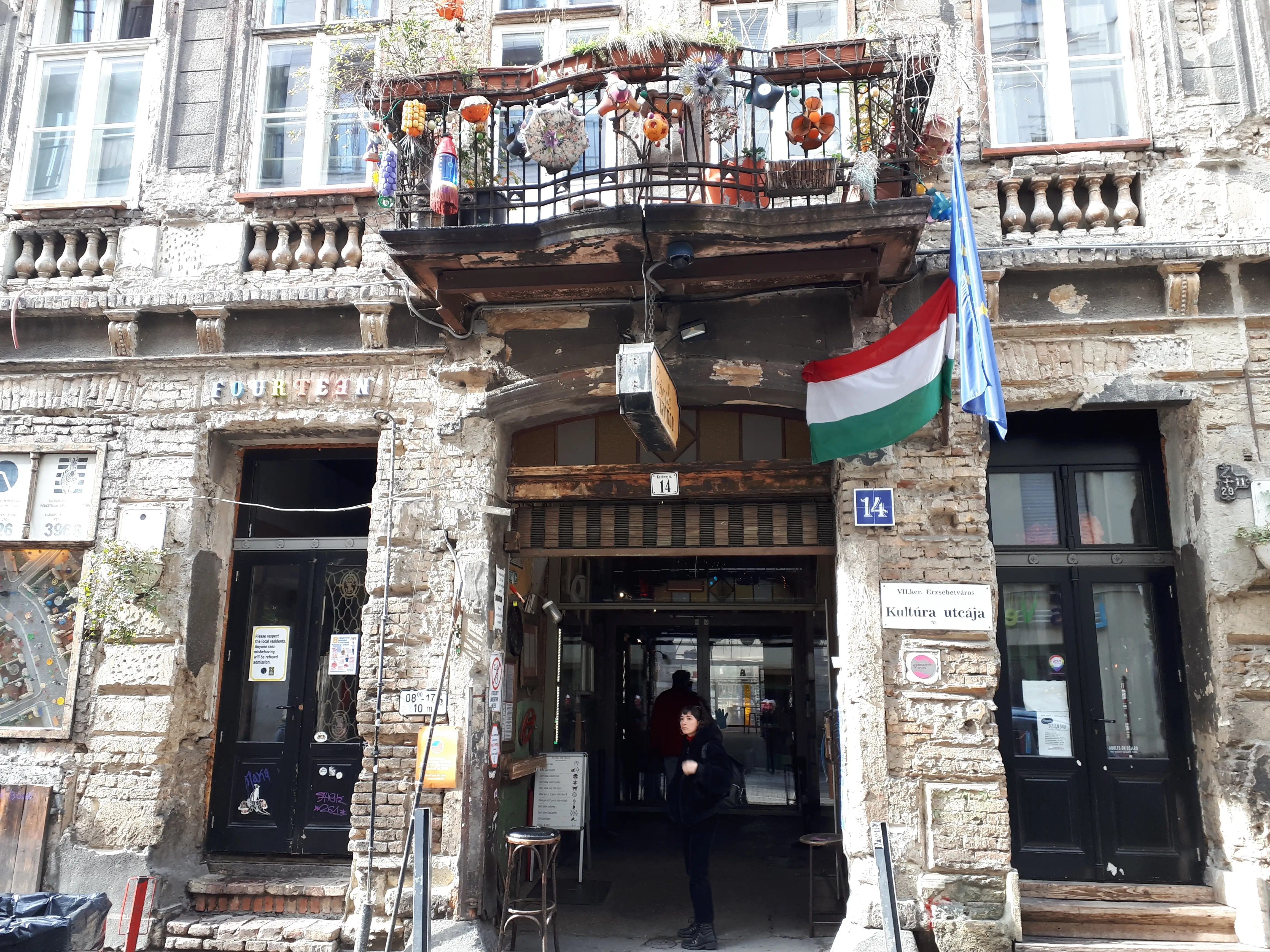 The outside of the Szimpla Kert ruin bar in Budapest, Hungary.