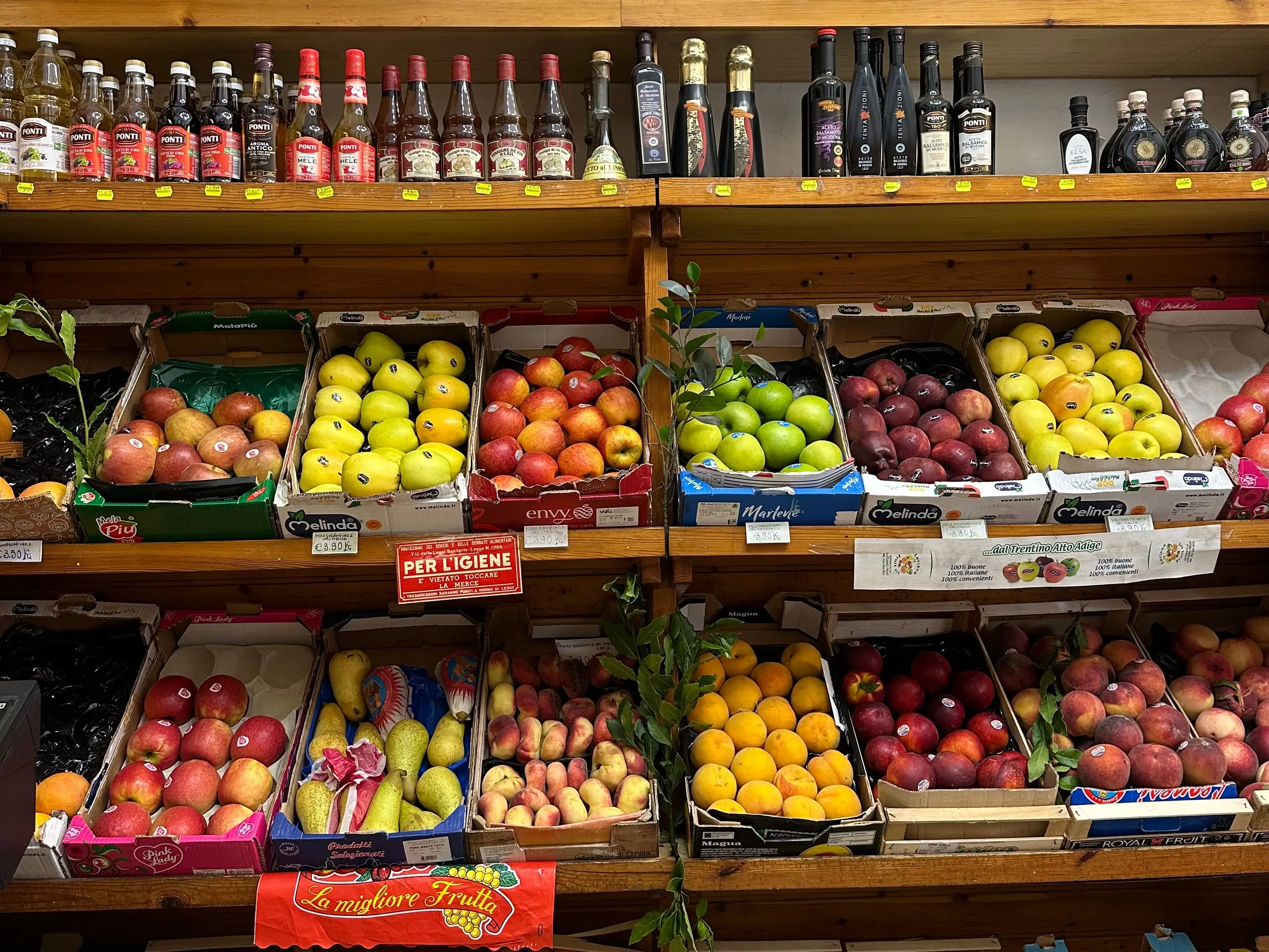 A display of fresh produce in an Italian grocery store.